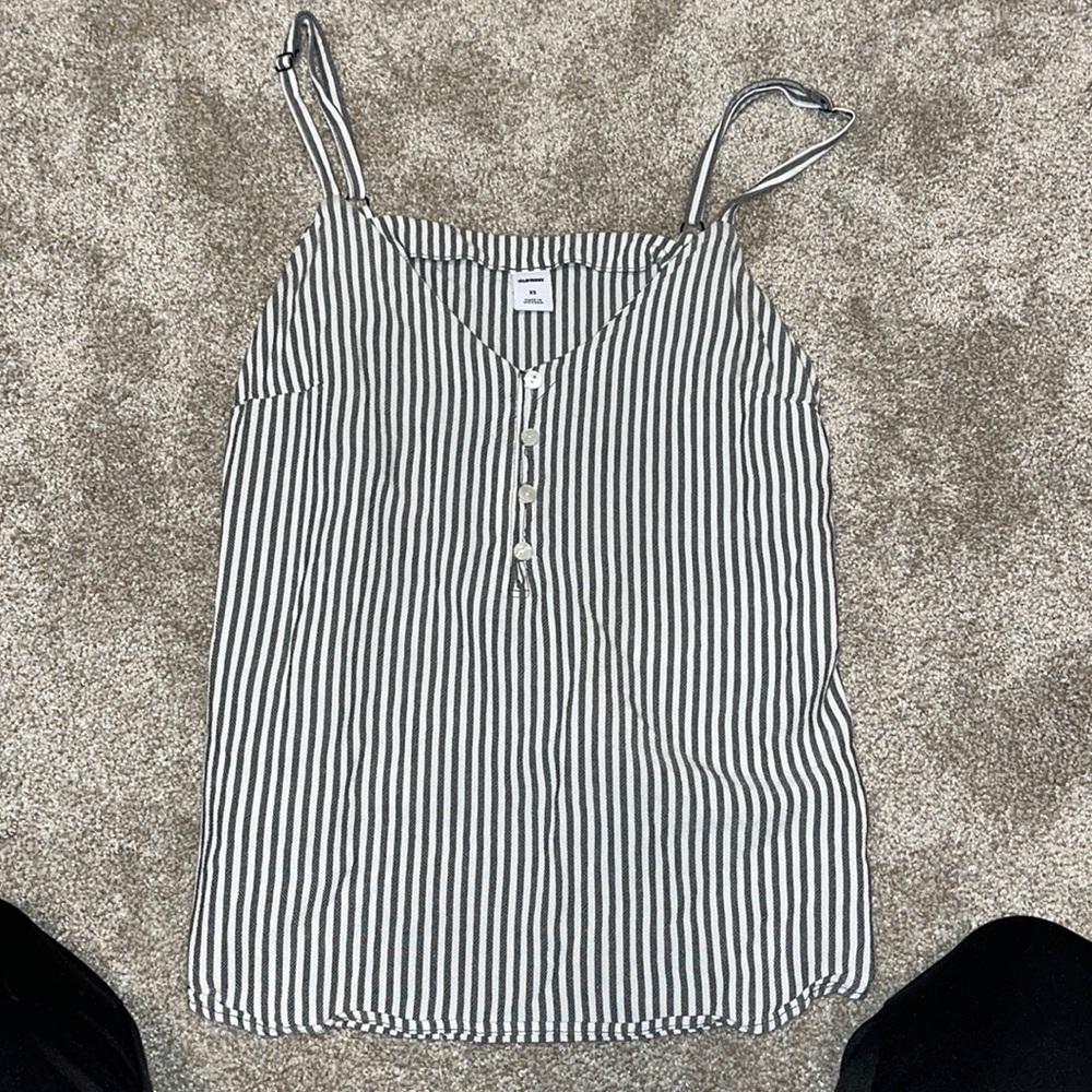 Gray and white striped top, spaghetti strap, with buttons